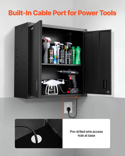 Sturdy Steel Wall Cabinet for Garage and Home Storage, 30W x 12.2D x 30H Inches, Locking Doors, Adjustable Shelves, Holds Up To 120 Lbs Per Shelf, Space Saving Floating Cabinet for Tools and Supplies, Wall Mounted, Black, with cable port