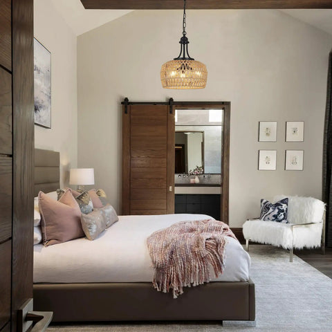 Straight Up Gorgeous Farmhouse Chandelier Featuring Three Woven Rattan Shades hanging in a cozy bedroom with soft lighting.