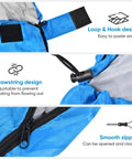 Portable Waterproof Sleeping Bag For Adults And Kids, 4 Seasons Cold Weather or Warm, showing loop & hook, drawstring design, and smooth zipper