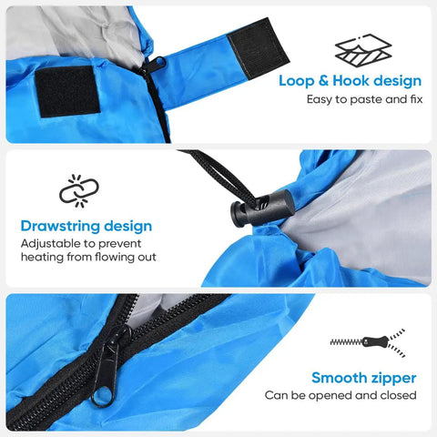 Portable Waterproof Sleeping Bag For Adults And Kids, 4 Seasons Cold Weather or Warm, showing loop & hook, drawstring design, and smooth zipper