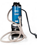 Rock Solid Three Motor HEPA Dust Collector With Reverse Air Jet Pulse Filter Cleaner Built For Demanding Shops Hella Powerful 110V Industrial Extraction Tool, blue vacuum with hose.