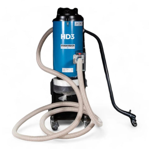 Rock Solid Three Motor HEPA Dust Collector With Reverse Air Jet Pulse Filter Cleaner Built For Demanding Shops Hella Powerful 110V Industrial Extraction Tool, blue vacuum with hose.