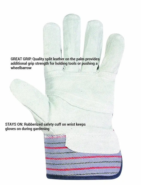 Heavy Duty Work Gloves For Men 12 Pack 12 Pairs with split leather palm, cotton back, and safety cuff for grip and construction use.