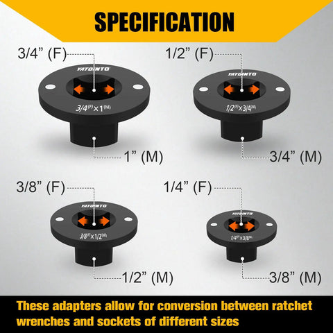 Tough As Nails Low Profile Impact Socket Adapter Set Featuring Heavy Duty Strong Magnets And Stubby Drive Conversion Fits Tight Quarters, specifications for various adapter sizes.