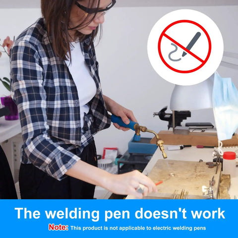 Person using traditional welding tools, note on non-compatibility with electric pens, related to Pro Grade 14 Inch Silver Plated Gold Plated Alloy Solder Wire For Jewelry Making And Electronics Low Temperature Hard Weld 0.88mm Diameter 35cm Length With 50 To 70 Percent Silver Content For Repairs.