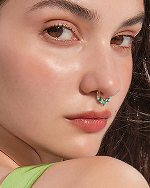 Model wearing Blue CZ V Shape Septum Ring 16G stainless steel jewelry for everyday wear, showcasing lightweight, hypoallergenic design.