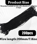 Hella Sturdy Black Cotton Hang Tag Strings With Quick Click Snap Lock Pins 200 Pack showing 200mm length for easy attachment.