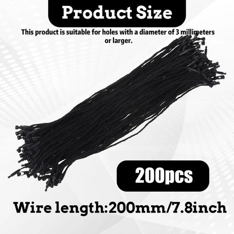 Hella Sturdy Black Cotton Hang Tag Strings With Quick Click Snap Lock Pins 200 Pack showing 200mm length for easy attachment.
