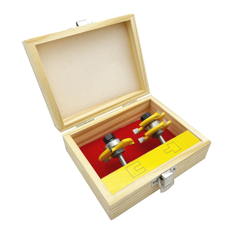 No Nonsense Tongue And Groove Router Bit Set With T Shape And 1/4 Inch Shank featuring two bits in wooden storage case.