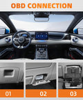 Dash Cam Constant Power Cable With OBD II Adapter connected in car dashboard, highlighting OBD connection ports