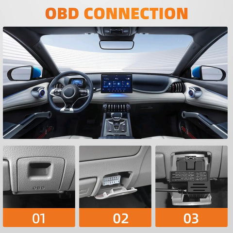 Dash Cam Constant Power Cable With OBD II Adapter connected in car dashboard, highlighting OBD connection ports