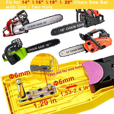 Universal Chainsaw Teeth Sharpener With Six Fast Sharpening Stones shown with 14 to 20 inch chainsaw bars and yellow base component
