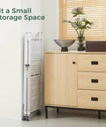 Three Tier Foldable Storage Shelves With Wheels No Assembly Rolling Cart For Kitchen Garage Basement And Pantry White Freestanding Metal Wire Rack To Tame Clutter And Move It Easily folded beside cabinet