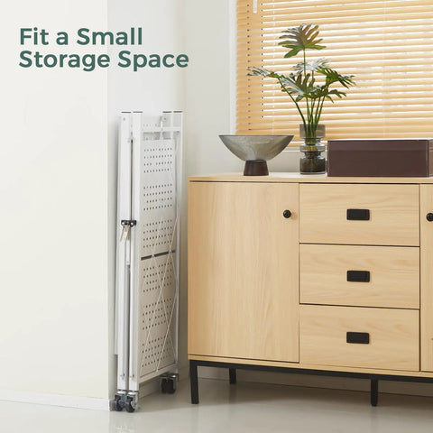Three Tier Foldable Storage Shelves With Wheels No Assembly Rolling Cart For Kitchen Garage Basement And Pantry White Freestanding Metal Wire Rack To Tame Clutter And Move It Easily folded beside cabinet
