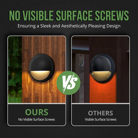 Low Voltage Deck Post Lights Set for Outdoor Stairs and Fence Lines, comparison of designs with and without visible screws
