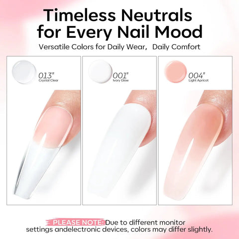 Pro Grade Poly Gel Nail Kit With 3 Colors Clear White Apricot Slip Solution showcasing neutral gel swatches on nails