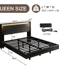 Sick Queen Floating Bed Frame With LED Lights And DC Charging Ports, Hidden Toe Guard Base, Built In Storage Headboard, Silent Noise Free Platform Sleeper, Quick Setup For Chill Bedroom Vibes, Matte Black dimensions and features.