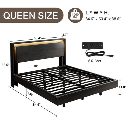 Sick Queen Floating Bed Frame With LED Lights And DC Charging Ports, Hidden Toe Guard Base, Built In Storage Headboard, Silent Noise Free Platform Sleeper, Quick Setup For Chill Bedroom Vibes, Matte Black dimensions and features.