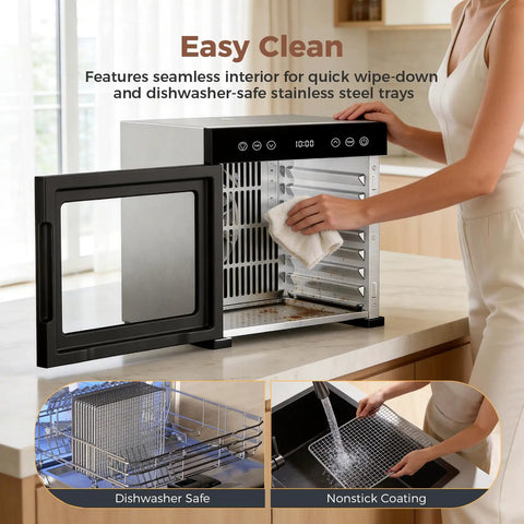 Easy clean feature of Eight Tray Stainless Steel Food Dehydrator With Digital Timer And Precise Temperature Control auto shut off.