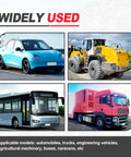 Four vehicle types including a blue car, yellow loader, bus, and red truck; showcasing applicability for Built Like A Tank 50 Amp Midi Fuse Bolt On Kit.