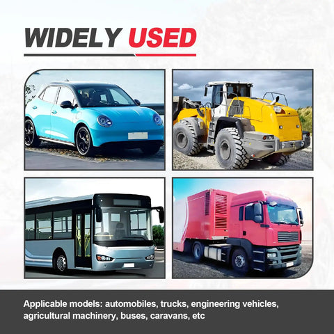 Four vehicle types including a blue car, yellow loader, bus, and red truck; showcasing applicability for Built Like A Tank 50 Amp Midi Fuse Bolt On Kit.
