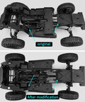 One Tenth RC F10 CNC Aluminum Portal Axle Servo Mount Low Center Of Gravity For One Tenth RC Crawlers Upgrades Fits VS4 10 Vanquish Phoenix F10 chassis comparison before and after modification showing improved center of gravity in RC crawler layout.