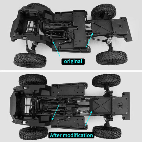 One Tenth RC F10 CNC Aluminum Portal Axle Servo Mount Low Center Of Gravity For One Tenth RC Crawlers Upgrades Fits VS4 10 Vanquish Phoenix F10 chassis comparison before and after modification showing improved center of gravity in RC crawler layout.
