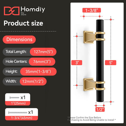 Diagram showing dimensions of 10 Pack 3 Inch Hole Center Cabinet Handles in Black and Gold Matte Finish, 5 Inch Overall Length.