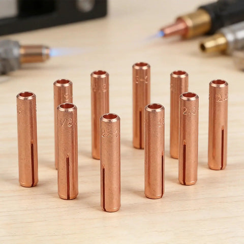 10pcs Brass TIG Welding Collet Electrode Holder For WP9 20 25 Torch With 3-32 And 1-8 In Gas Lens on wooden surface.