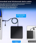 External Blu Ray Drive Read Write Burner With USB 3.0 And Type C, BD DVD CD Burner For PC Mac Windows 7 11, Plug And Play Blu Ray Player, 6X Faster Than USB 2.0, Supports 100GB Blu Ray Discs Black, extended cable view