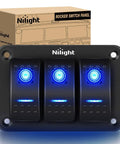 3 Gang Aluminum Panel Toggle Rocker Switch Kit with Pre Wired Harness, blue LED lights, box in background