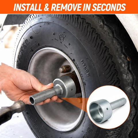 Top Tier Trailer Dust Cap Installation And Removal Tool For 2.72 Inch Axle Grease Cover Puller shown in use on a tire rim.