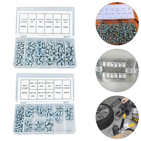260 Piece Hydraulic Grease Fitting Kit With Galvanized Iron Zerk Nipples In Straight Angled And 90 Degree Configurations, Perfect For Car Maintenance And Mechanical Bearings, boxed assortment
