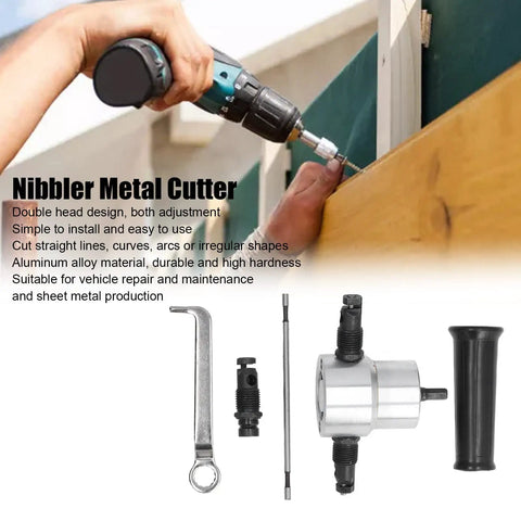 Double Head Sheet Metal Nibbler Cutter Drill Attachment Aluminum Alloy Precision Tool For Iron Pipe Tube Round Circle Cutting Versatile Design Heavy Duty Machine Shop Hardware Essential in use with power drill for cutting.