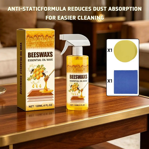 Premium Natural Beeswax Wood Polish Spray That Really Hits Different For Kitchen Cabinets Dining Tables And Hardwood Floors Leaves Surfaces Slick Shiny And Protected on a wooden table with yellow applicators.