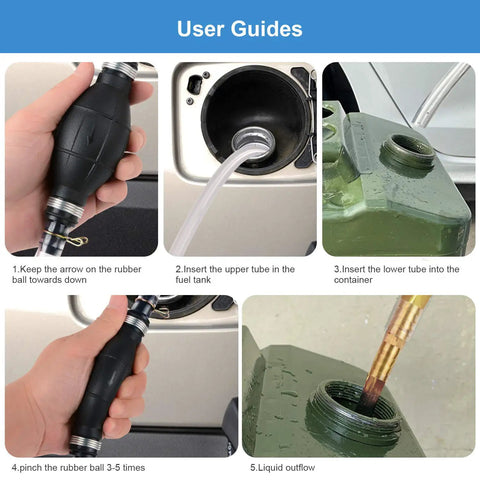 Fast Action Quick Start Siphon Transfer Kit user guide showing how to use manual tube pump for gasoline transfer