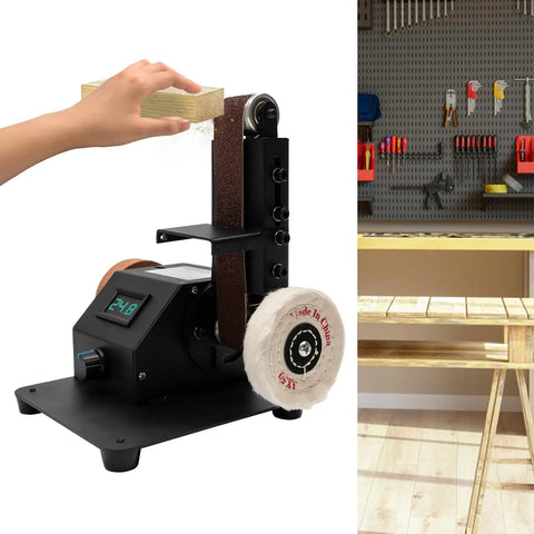 Hand using wood on 96 Watt 7 Speed Mini Belt Sander Bench Grinder And Polisher featuring dual coarse fine wheels.