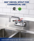 Lead-Free 4 Inch Wall Mount Commercial Sink Faucet with 6" Swivel Spout installed in a commercial kitchen sink.