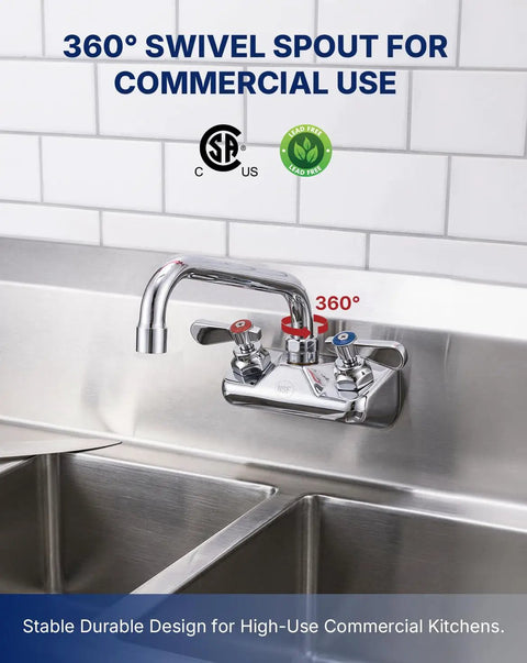 Lead-Free 4 Inch Wall Mount Commercial Sink Faucet with 6" Swivel Spout installed in a commercial kitchen sink.