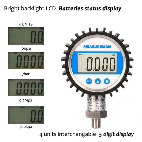 Digital Pressure Gauge With 3-1/8 Inch Dial, 0-100 Psi Bar MPa KPa Readout, 1/4 Inch NPT Lower Mount, Backlit 5-Digit Display shown close-up