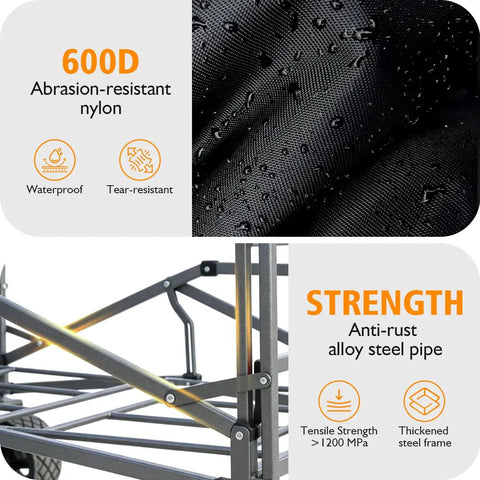 Close-up of Heavy Duty Folding Wagon Cart With 660 Lb Capacity, featuring 600D nylon, waterproof, tear-resistant material.