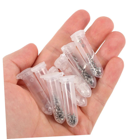 Glasses Repair Kit Full Set With Screws Nose Pads Eyeglass Screwdriver And Ear Grips For Quick On The Go Eyewear Fixes Sunglasses Versatile Portable Tool Kit For Home Or Travel, showing screws in plastic tubes held in a hand
