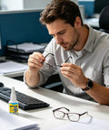 Man inspecting broken eyeglasses while using Heavy Duty Eyeglasses Repair Glue For Busted Frames at office desk.