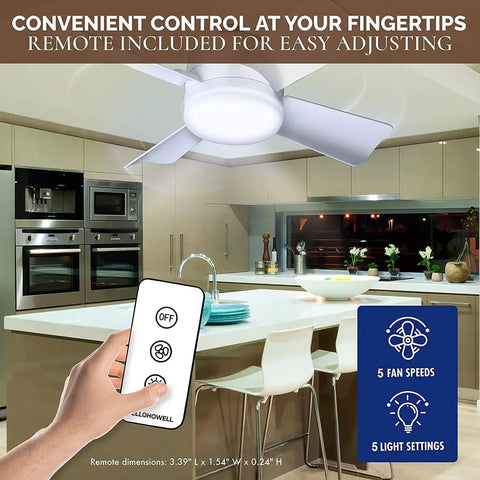 Two In One Socket Breeze Light 5 Speed Deluxe LED Ceiling Fan With Light And Remote Control For Bedroom Kitchen Living Room 1000 Lumens 5000 Kelvin As Seen On TV installed in a modern kitchen, white remote control shown.
