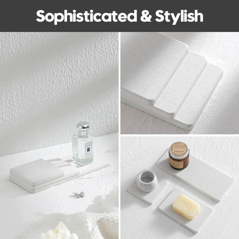 Two Pack Beige Diatomite Soap Dryers Rapid Absorbing Countertop Organizers on a clean surface, ideal for bathroom and kitchen use.
