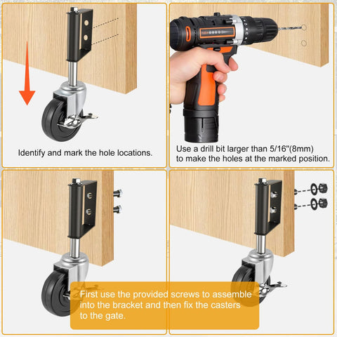 Installation steps for Heavy Duty Gate Caster With Built In Spring For Wooden Gates And Fences, swivel wheel shown on wood surface