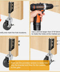 Installation guide for Heavy Duty Spring Loaded Gate Casters, showing drill and caster assembly steps with 4 inch rubber wheels.