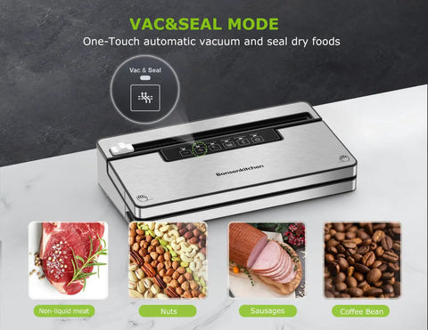 Stainless Steel Vacuum Sealer Machine With Built In Cutter And Bag Storage, Includes 1 Roll And 5 Bags, 5 Sealing Modes visible