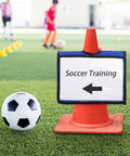 Soccer training sign on traffic cone with 12 Pack Traffic Cone Sleeve With Pockets For Caution And Safety Signs Colorful Cone Covers.