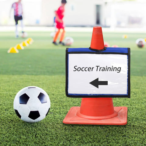 Soccer training sign on traffic cone with 12 Pack Traffic Cone Sleeve With Pockets For Caution And Safety Signs Colorful Cone Covers.